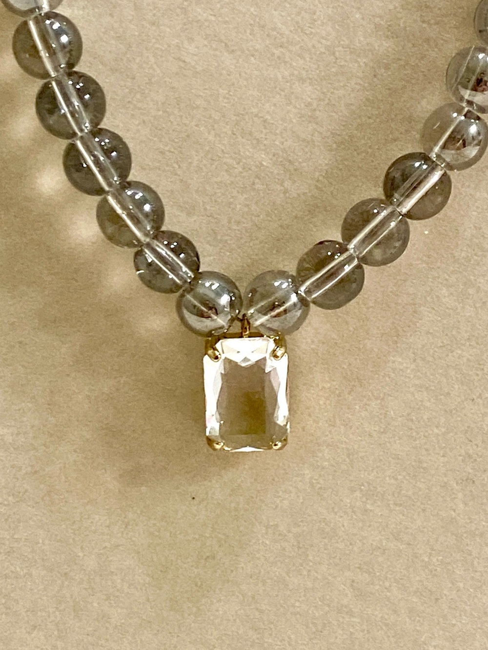 Smokey Grey Beaded Necklace with Rectangular Clear Pendant - Picture 3 of 4